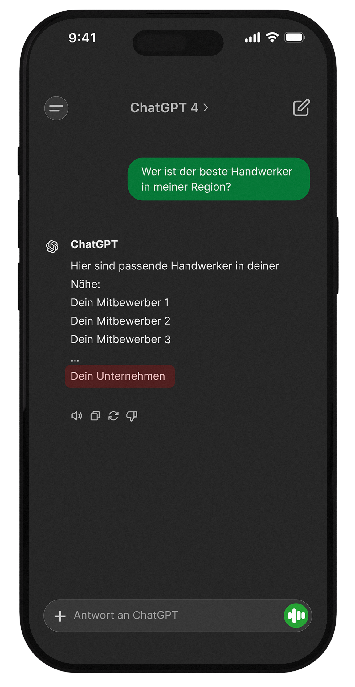Ein Nutzer fragt ChatGPT nach dem besten Anbieter in seiner Region – Ihr Unternehmen erscheint zuletzt